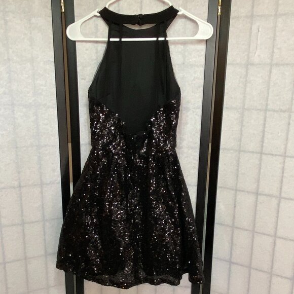 B Darlin Sequin High Neck Halter Open Back Ruffle Hem Mini Dress Black - Picture 2 of 15
